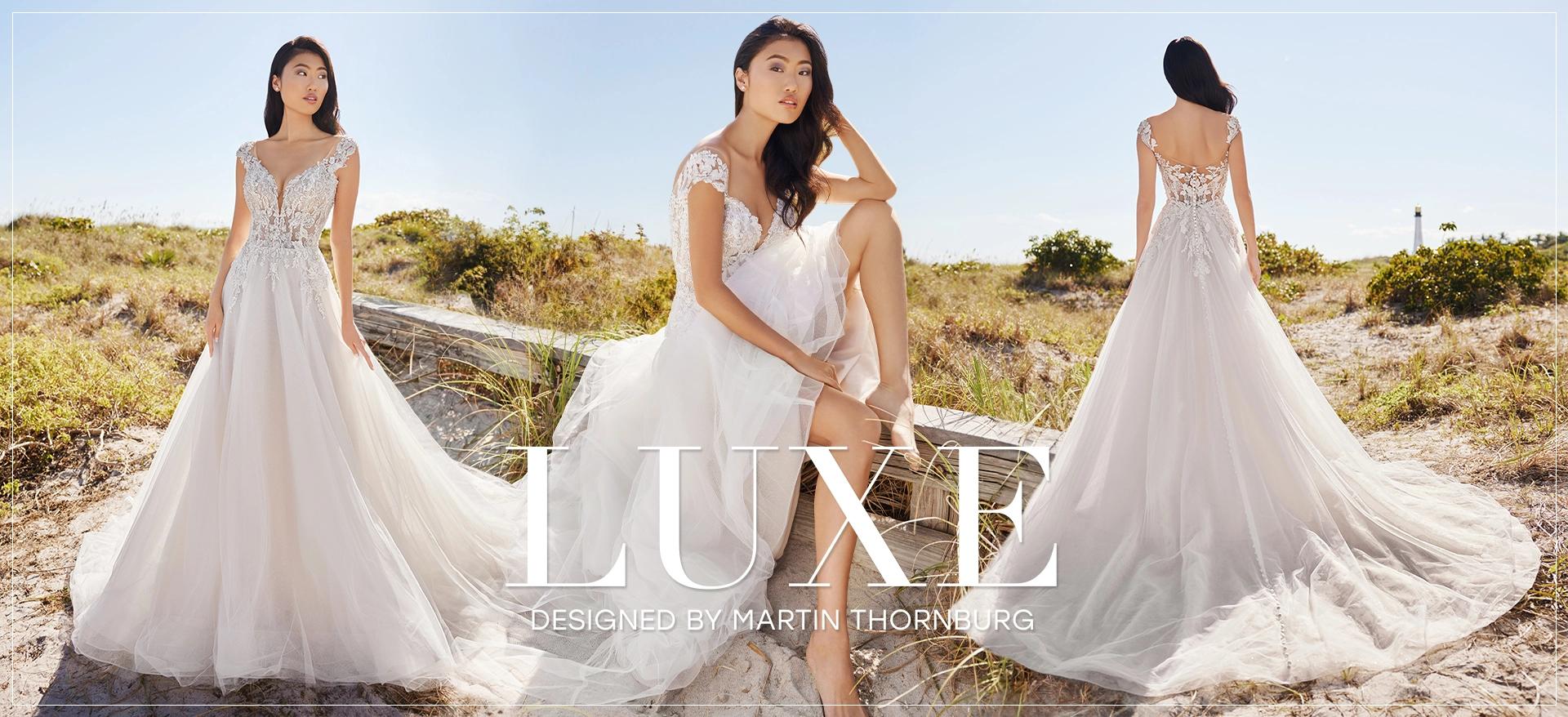 Model wearing Luxe by Martin Thornburg wedding dress