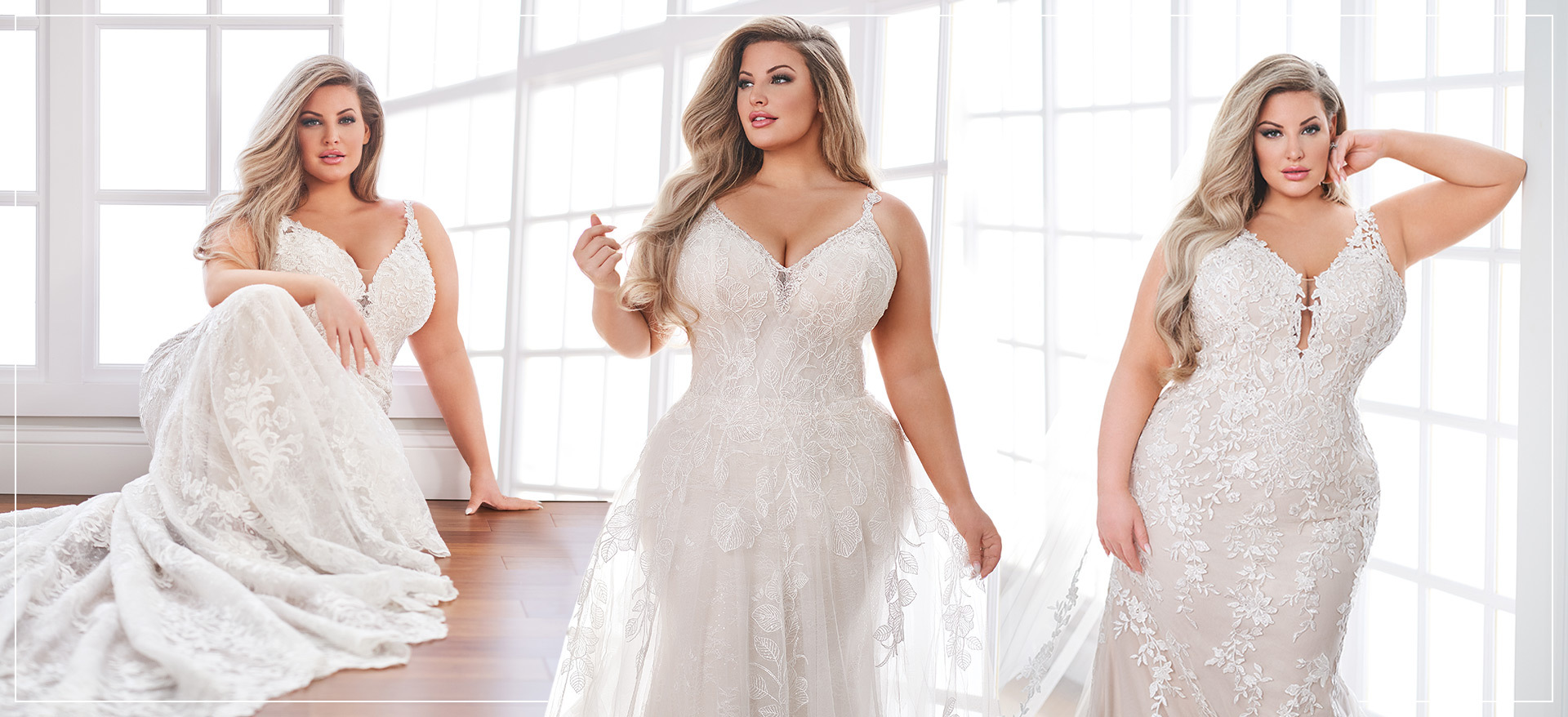 Blonde plus size bride in white dress