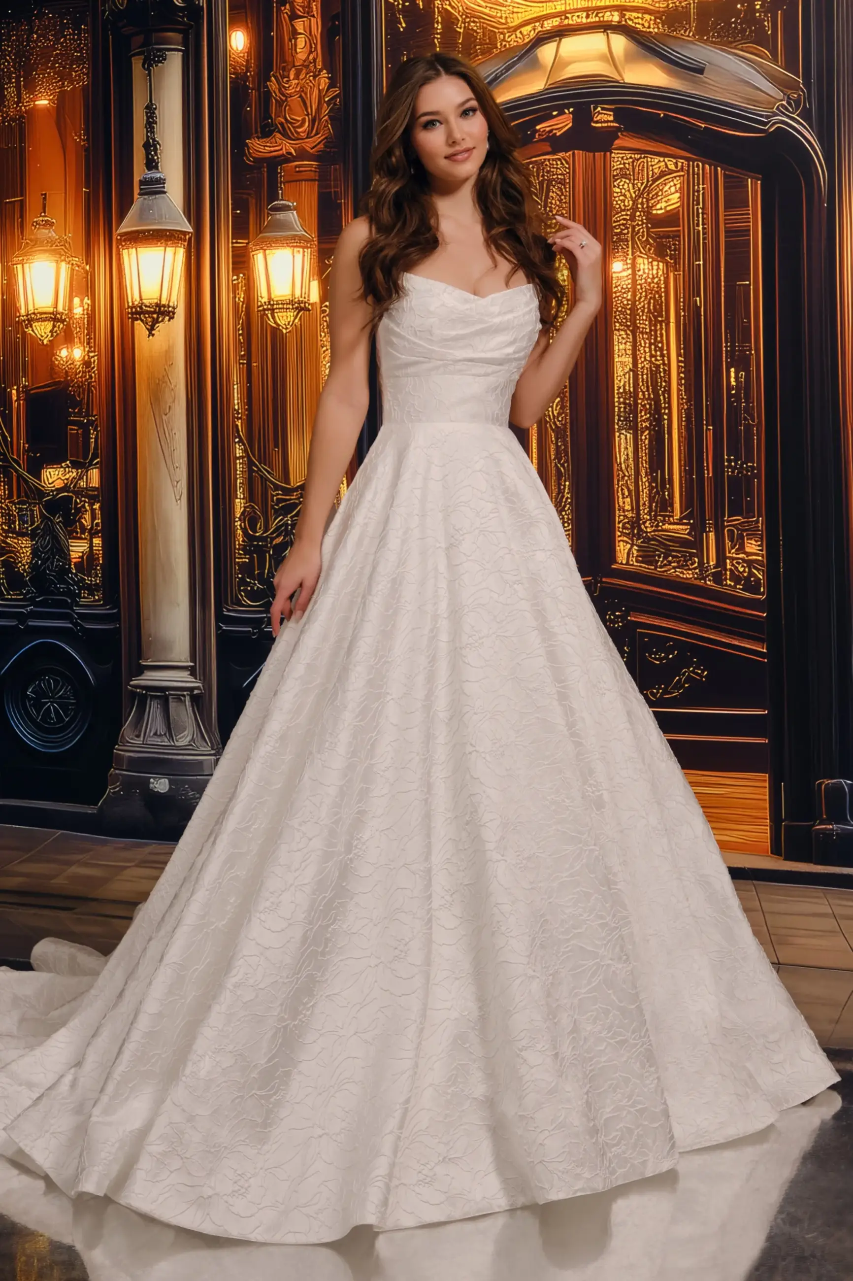 A woman in a white wedding dress stands gracefully in front of an ornate backdrop, which resembles a classic, elegantly lit venue. Her long brown hair flows softly as she poses with one hand touching her shoulder.