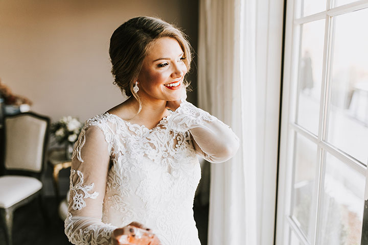 Martin Thornburg "Afina" With Illusion Lace Long Sleeves Is Perfect For This Winter Wedding