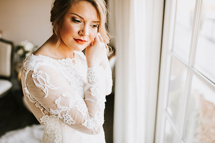 Martin Thornburg "Afina" With Illusion Lace Long Sleeves Is Perfect For This Winter Wedding