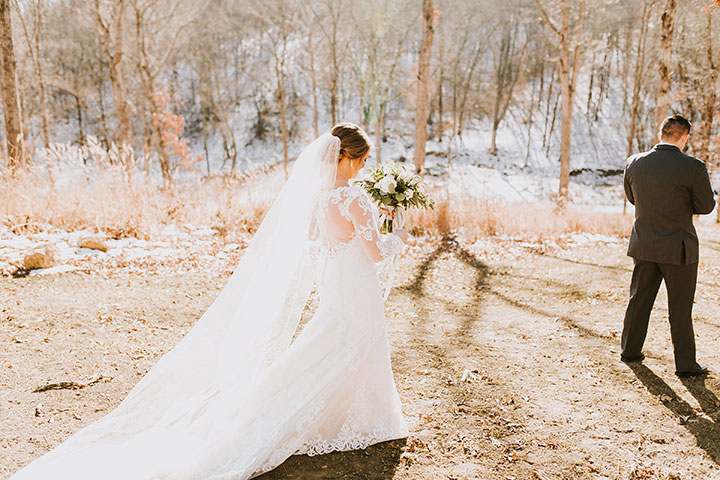 Martin Thornburg "Afina" With Illusion Lace Long Sleeves Is Perfect For This Winter Wedding