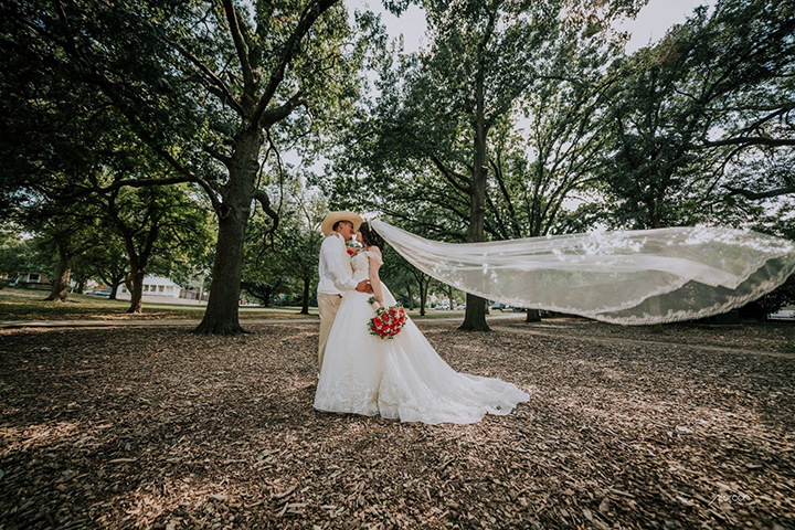 Bride Is A Vision In Martin Thornburg Tulle and Satin Ball Gown "Anna"