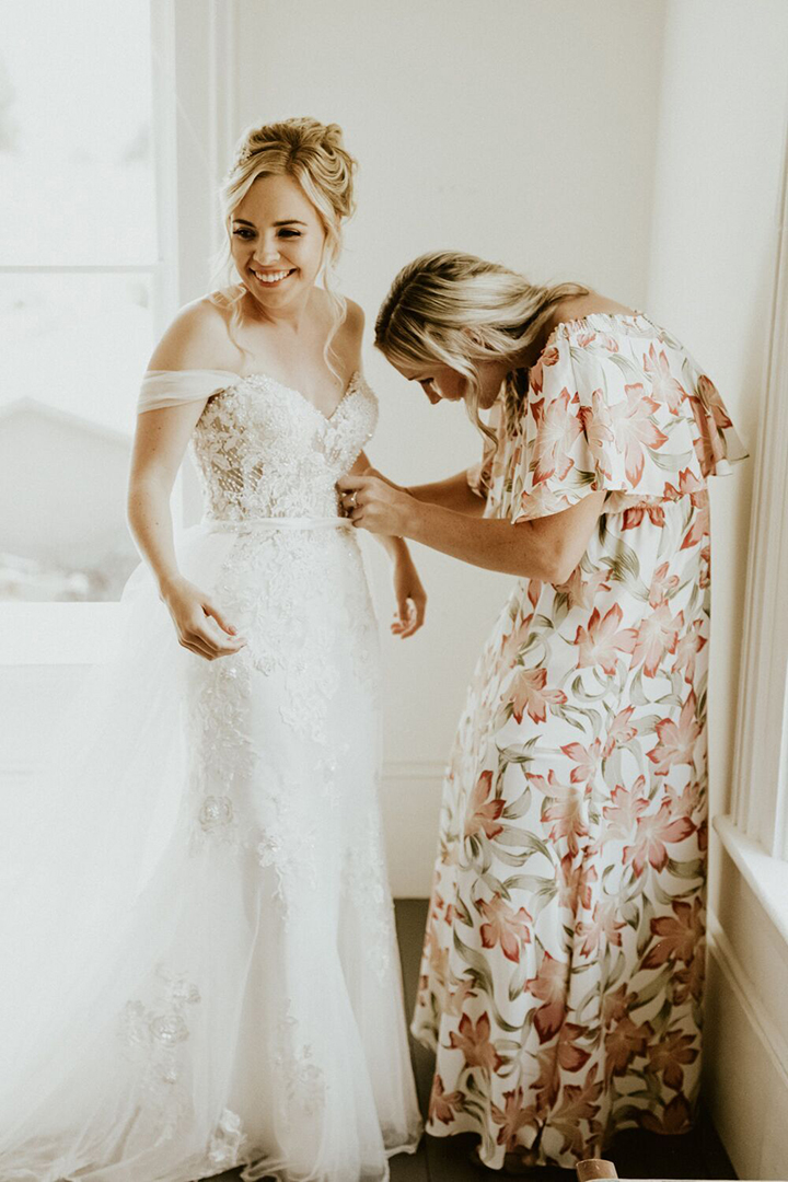 Joyful Bride Personalizes Her Martin Thornburg "Vada" Gown With Tulle Sleeves & Overskirt