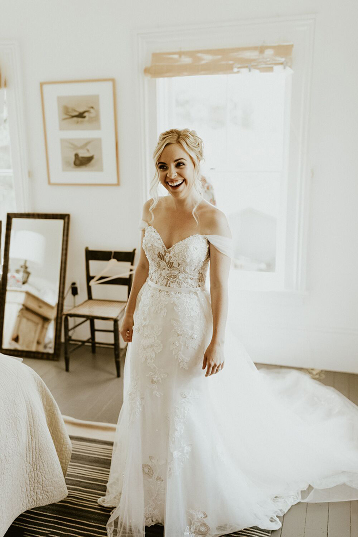Joyful Bride Personalizes Her Martin Thornburg "Vada" Gown With Tulle Sleeves & Overskirt