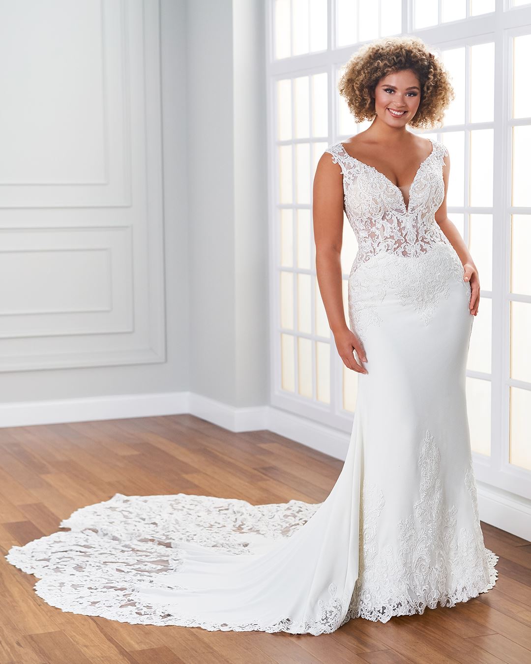 Bride wearing fit and flare wedding dress