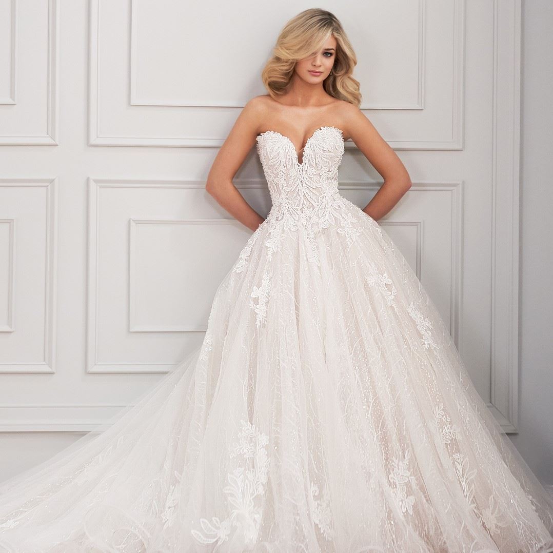 bride wearing strapless ball gown wedding dress