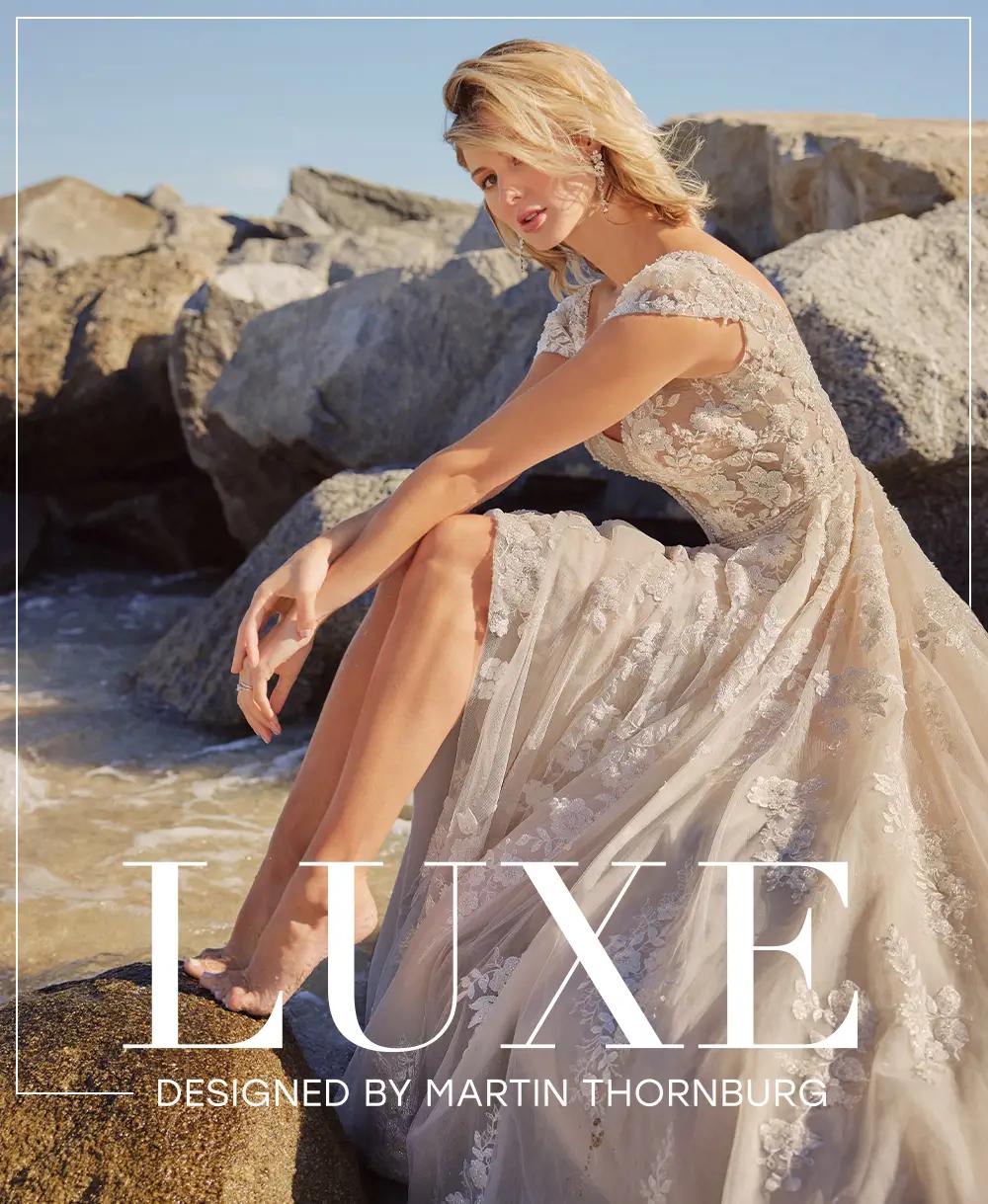 Blonde wearing Luxe by Martin Thornburg wedding dress