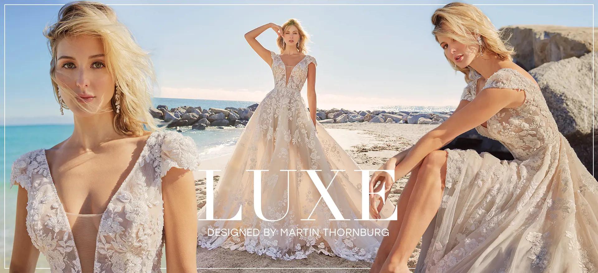 Blonde wearing Luxe by Martin Thornburg wedding dress