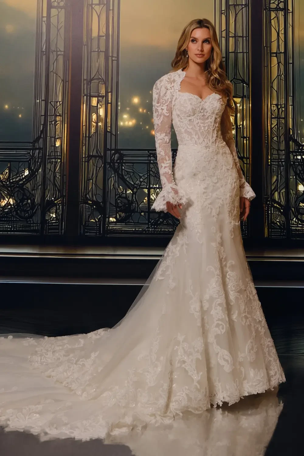 A beautiful bride wearing a fitted, lace wedding gown with long sleeves and an elegant train, standing in a beautifully lit setting with intricate background details.