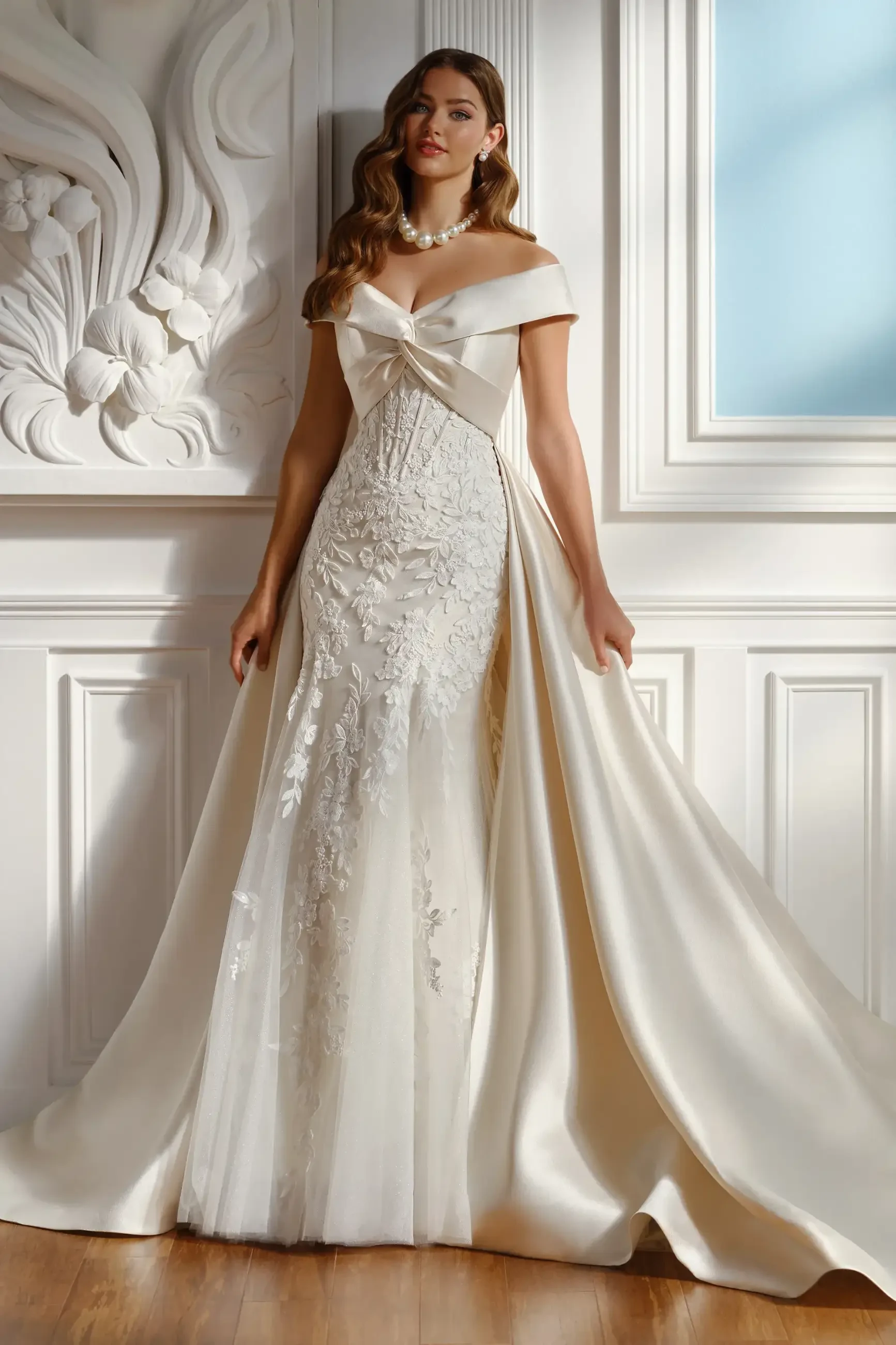 A woman wearing an elegant, off-shoulder ivory wedding gown with lace details and a flowing train, standing in a room with ornate white decor and blue accents.