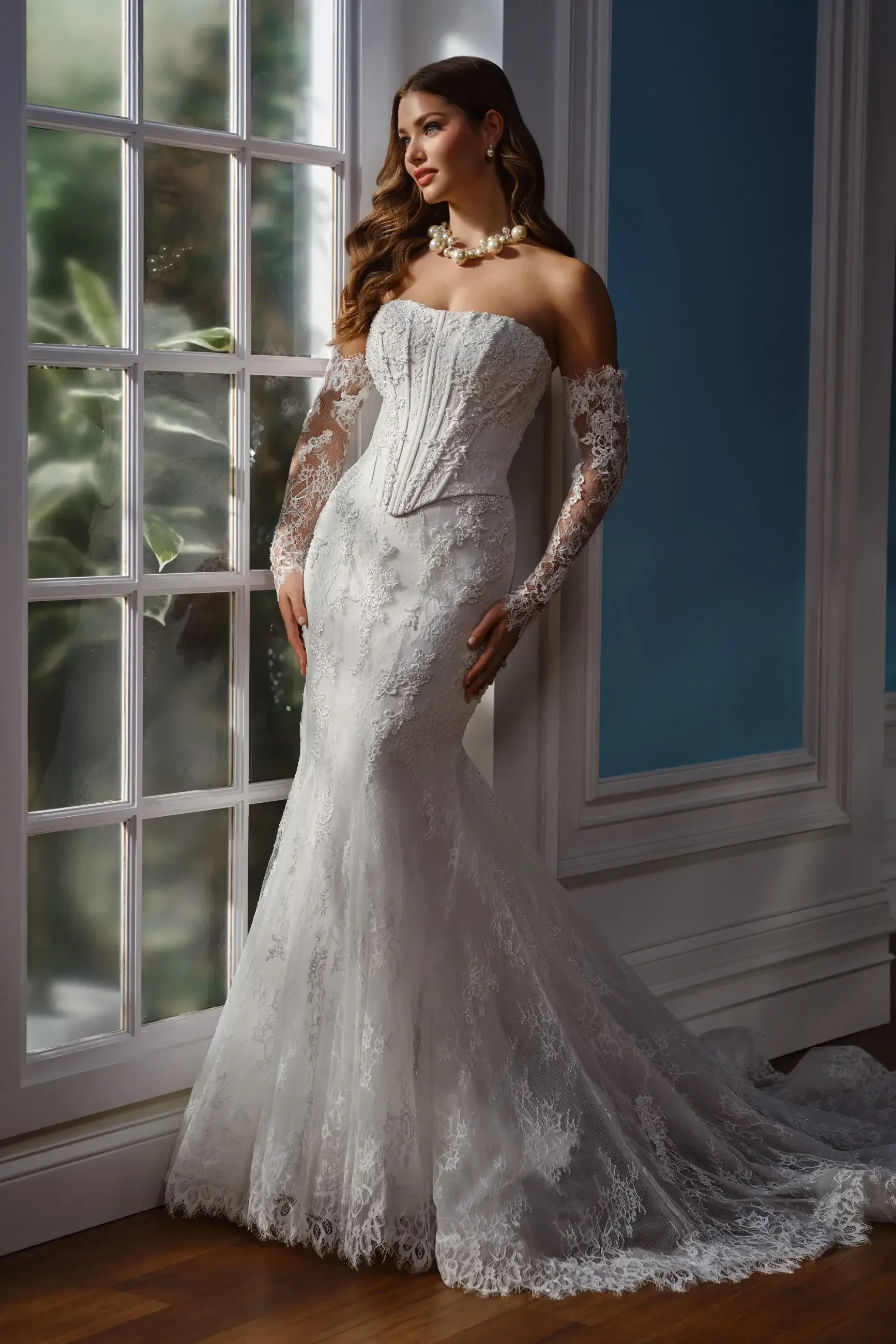 A woman in a strapless lace wedding gown with matching lace sleeves stands gracefully by a sunlit window. The room's elegant decor creates a serene atmosphere.