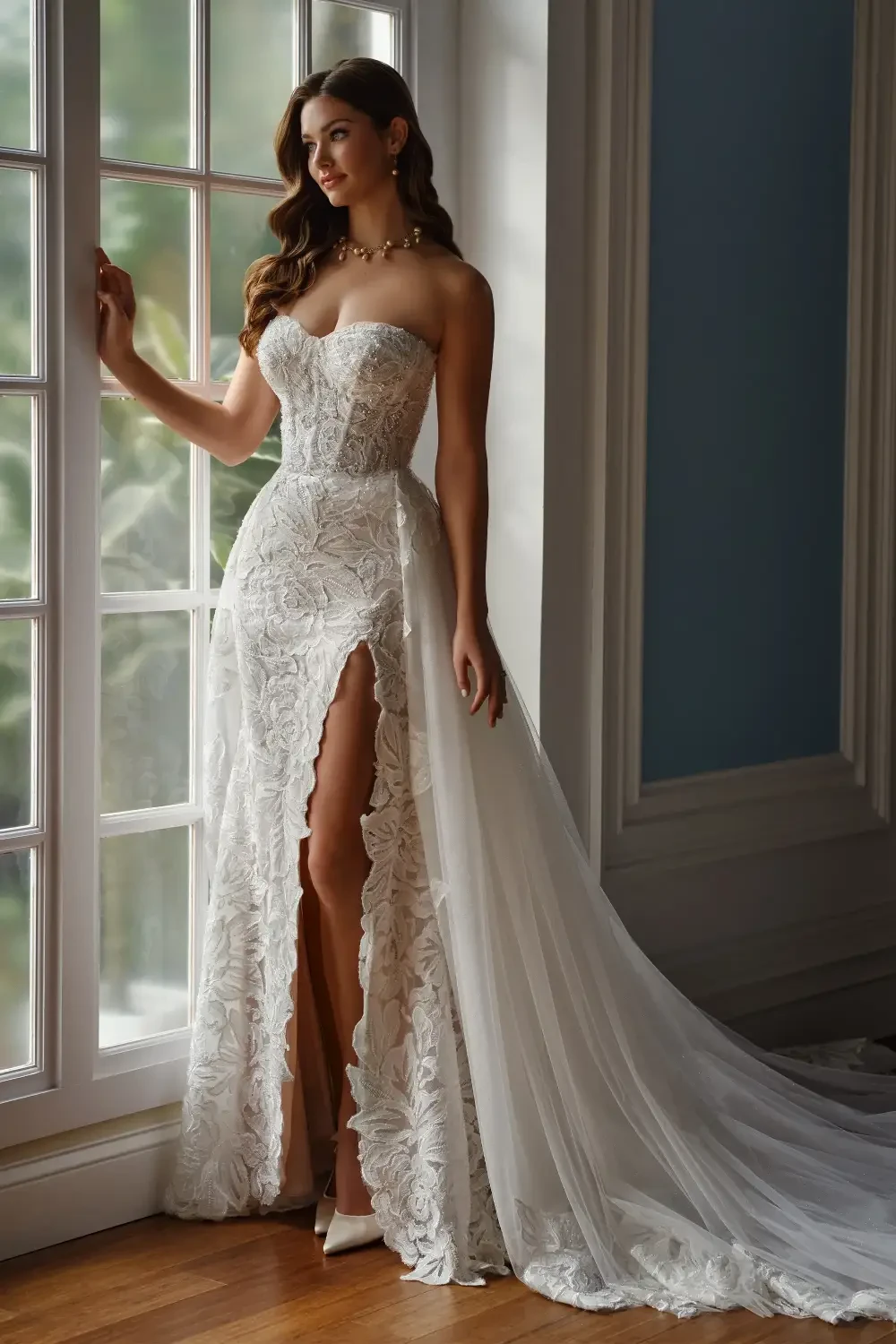 model is wearing a strapless bridal gown with a slit