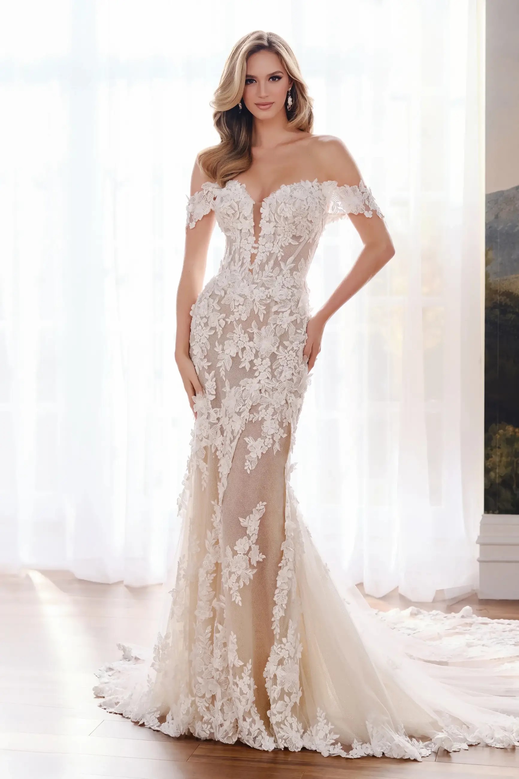 Model is wearing a floral lace mermaid wedding dress with 3D appliques