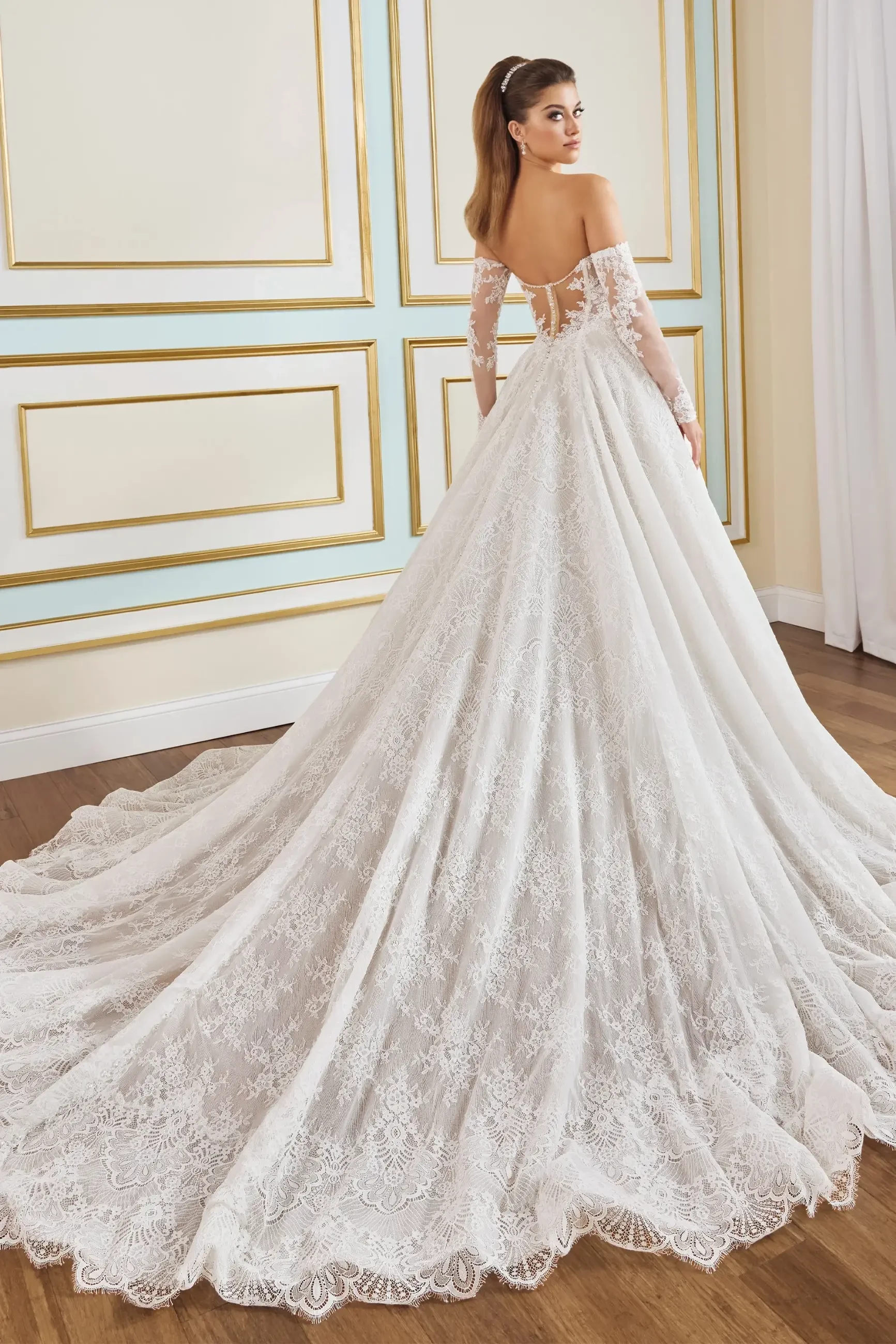 Model is wearing an A-line wedding gown with a sweetheart neckline, corded Chantilly lace, glitter tulle layers, a dramatic train, and separate long semi-sheer illusion sleeves.