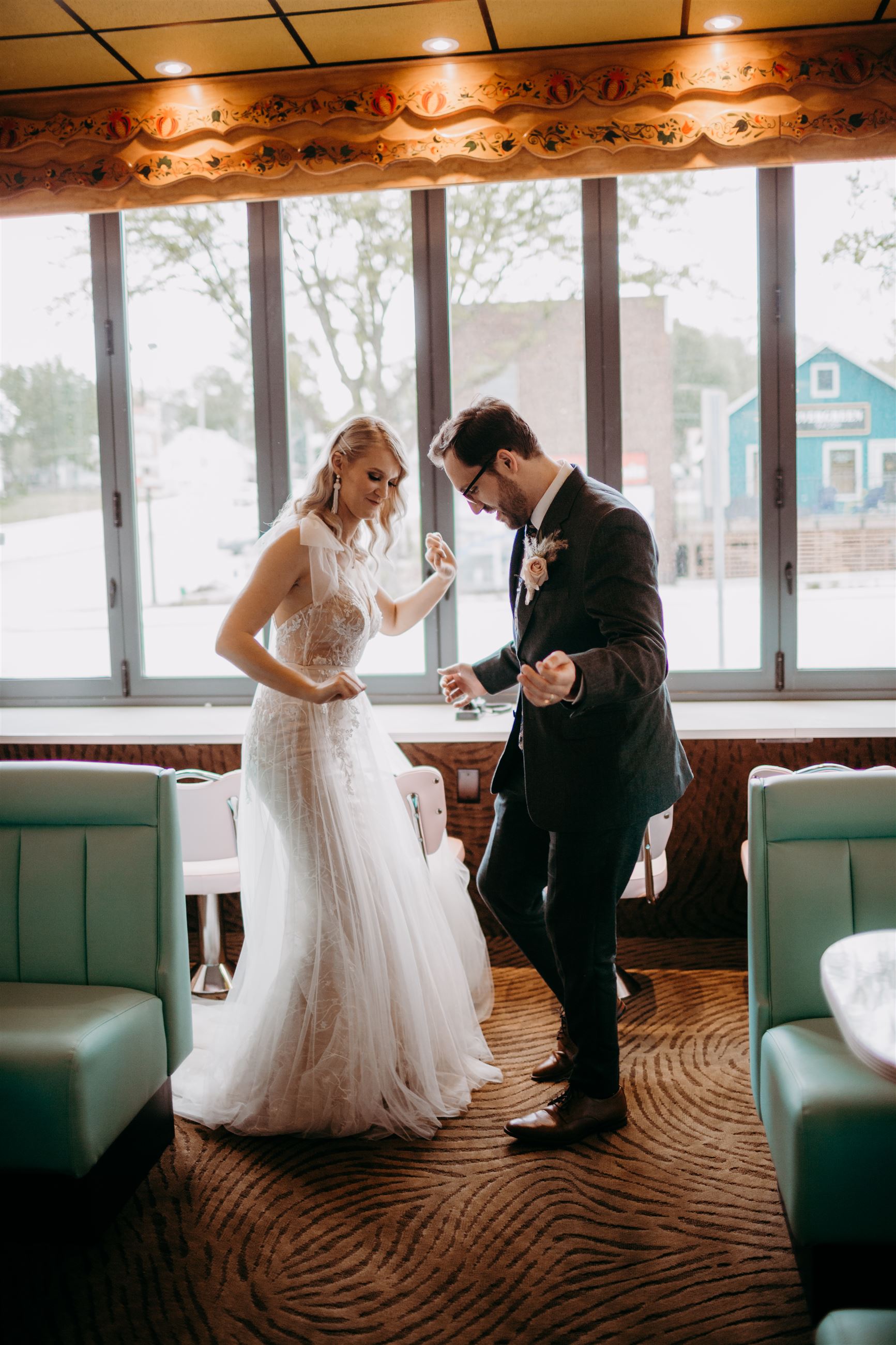 Bride and groom dancing together
