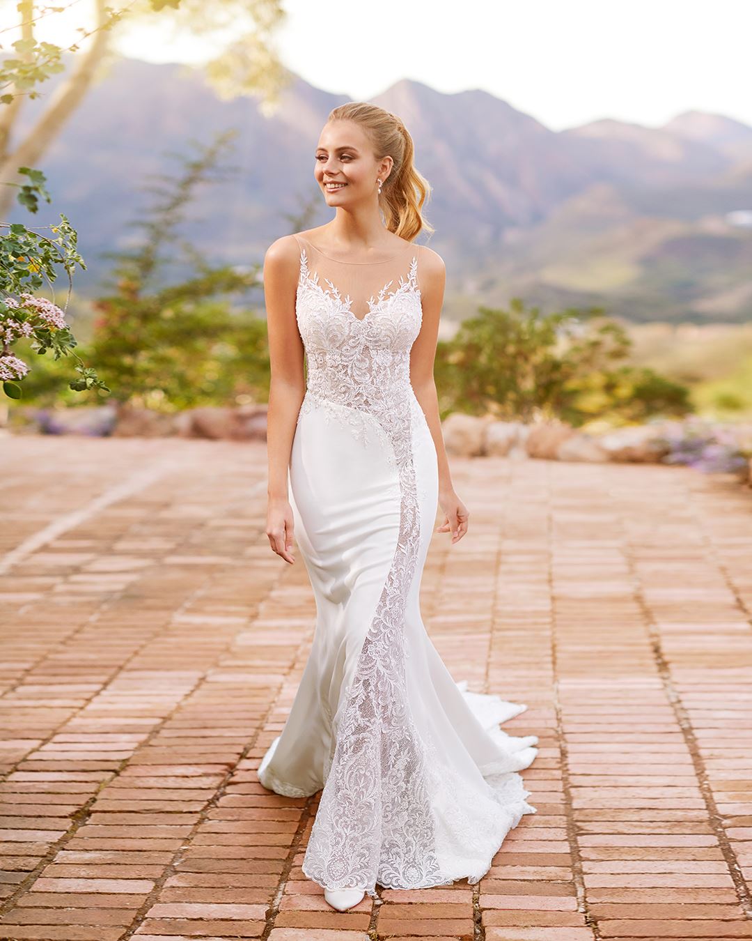 Bride wearing a fit and flare wedding dress