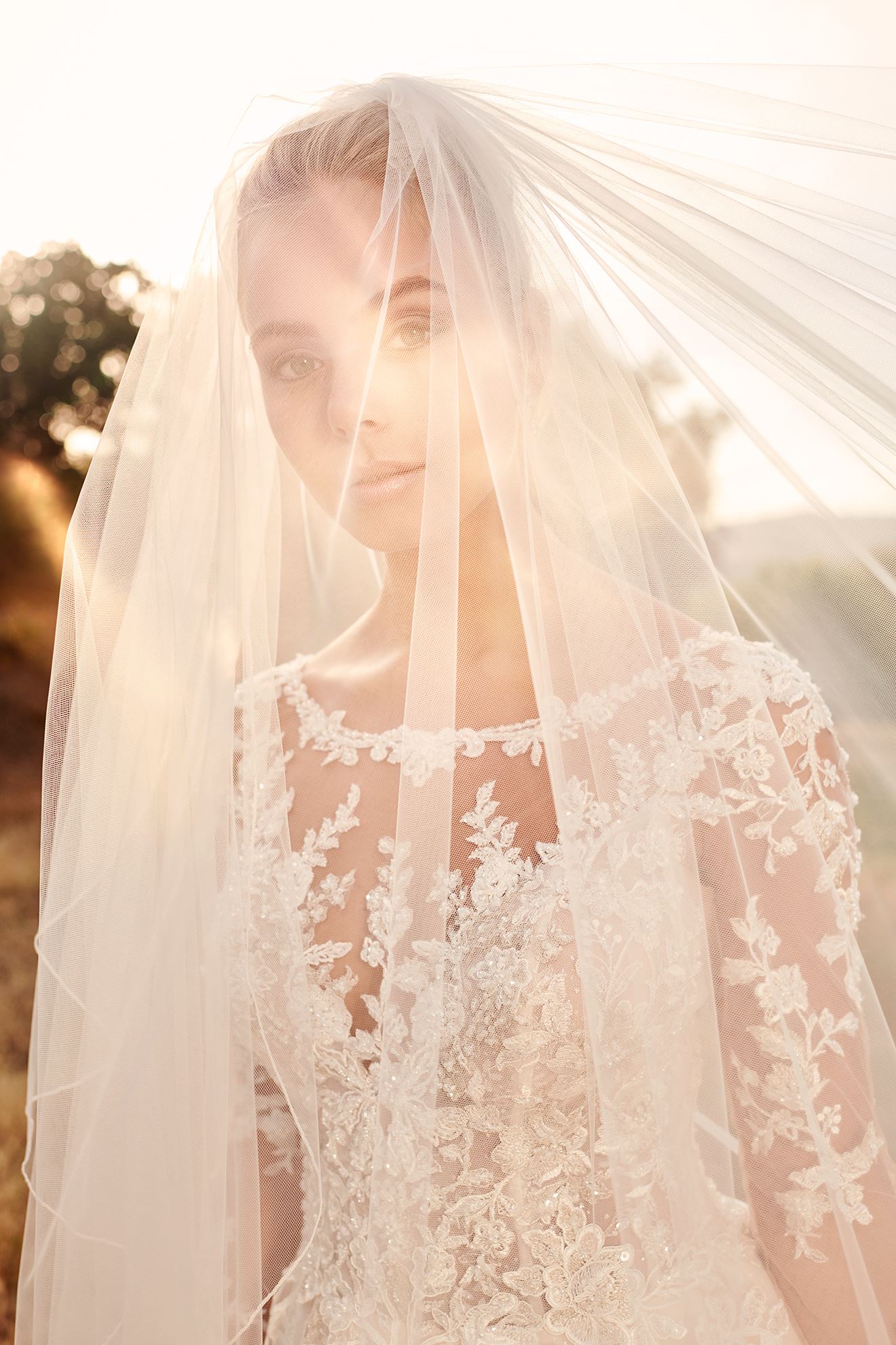 Blonde bride in long sleeve wedding dress and veil