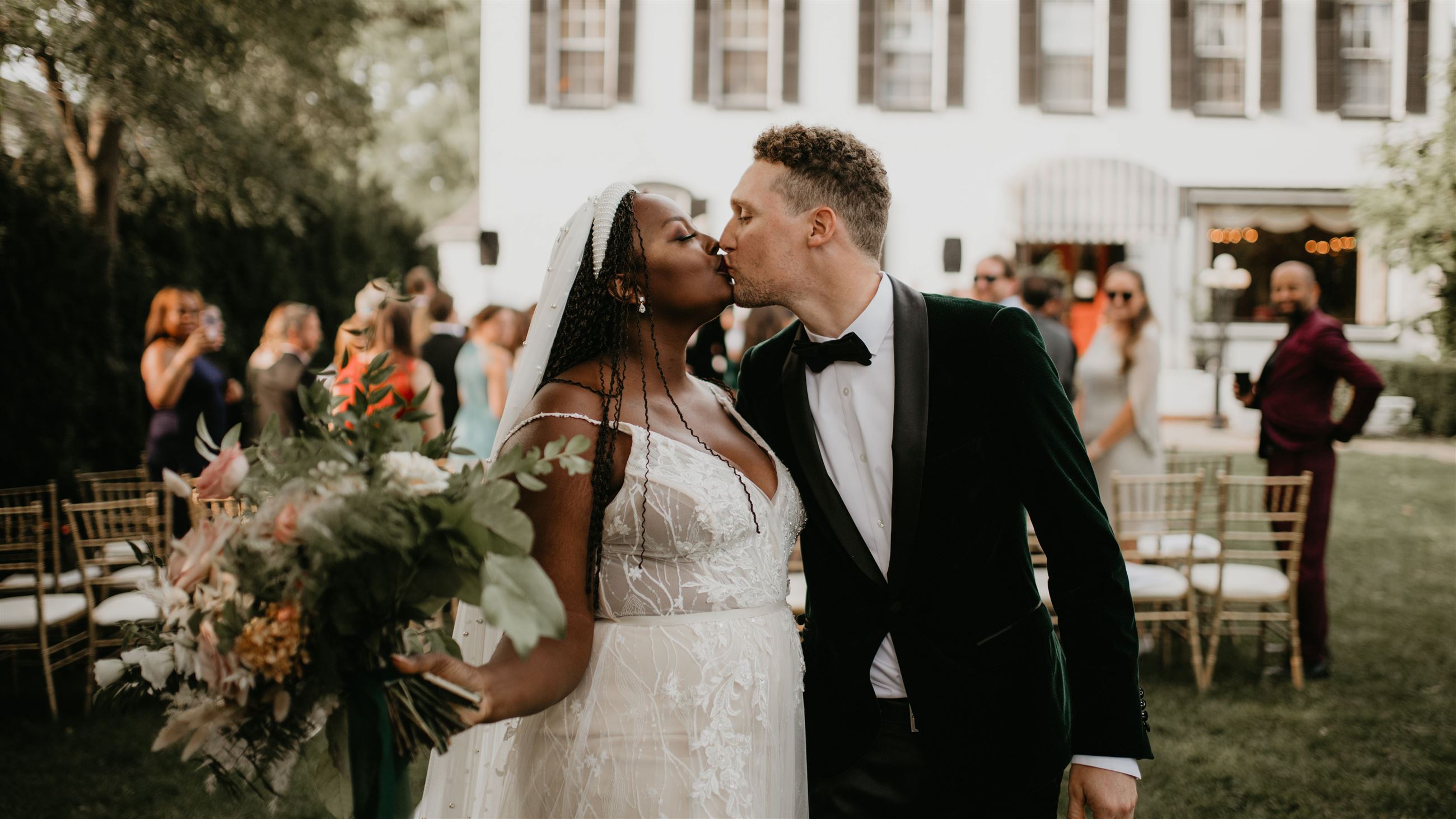 Bride and groom kissing on their wedding day