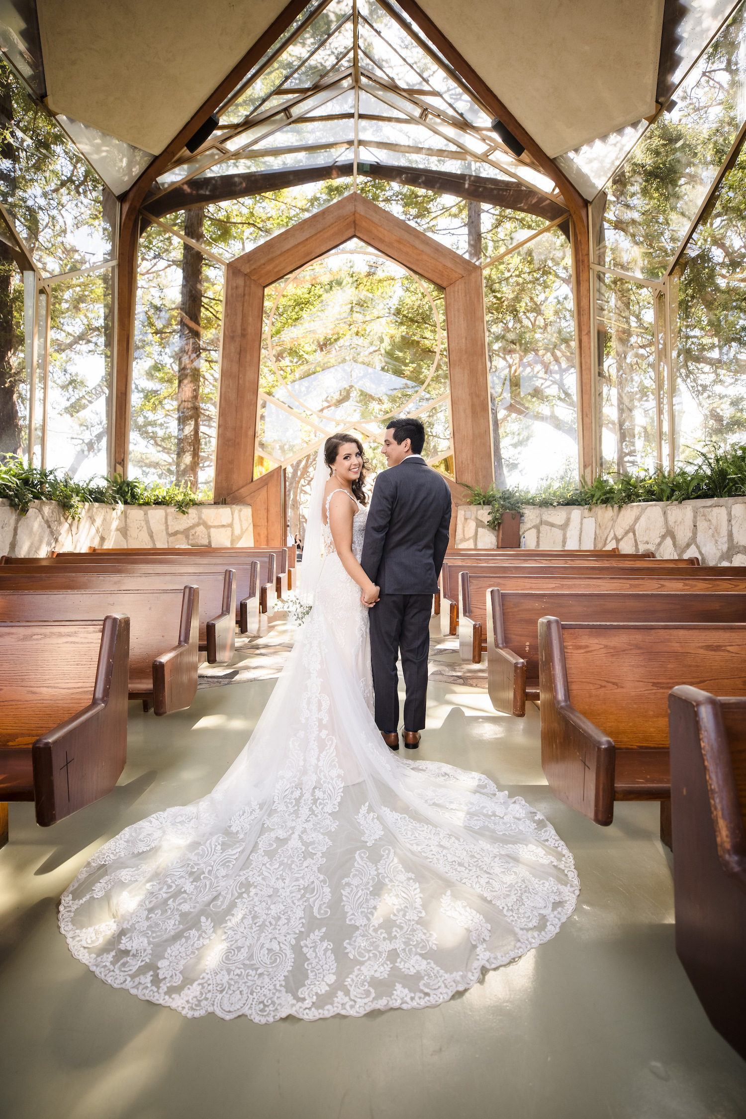 bridal gown with train in a church