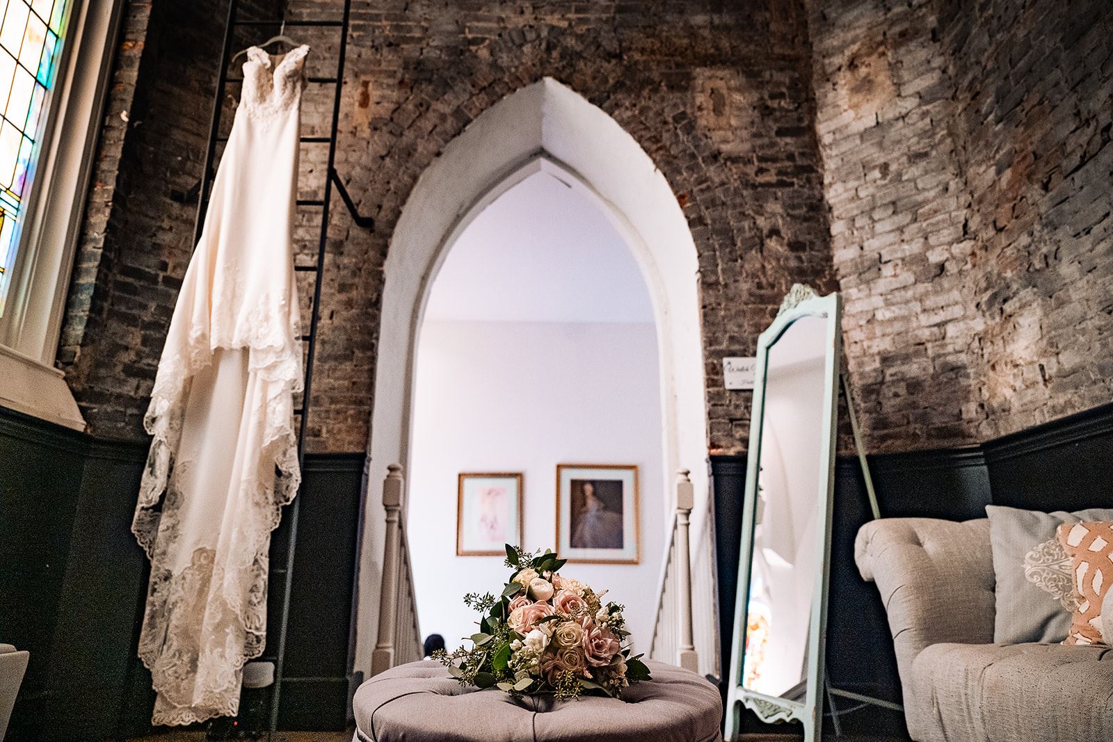 Wedding dress in bride's room before wedding begins