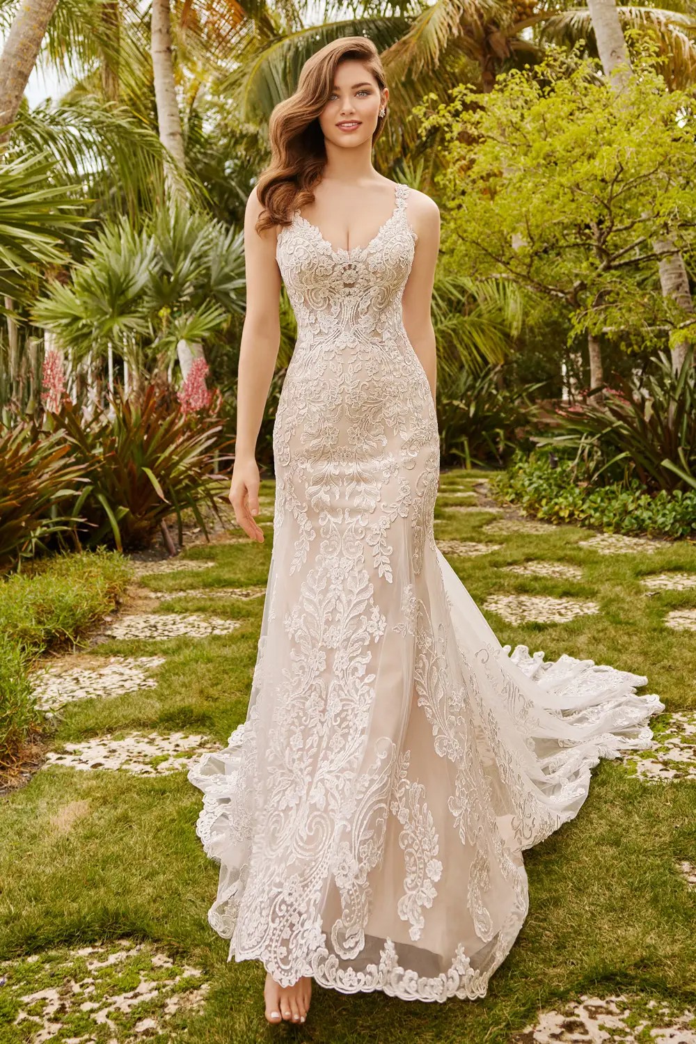 Spaghetti Strap Lace Fit And Flare Wedding Dress With Plunging Neckline And  Open Back