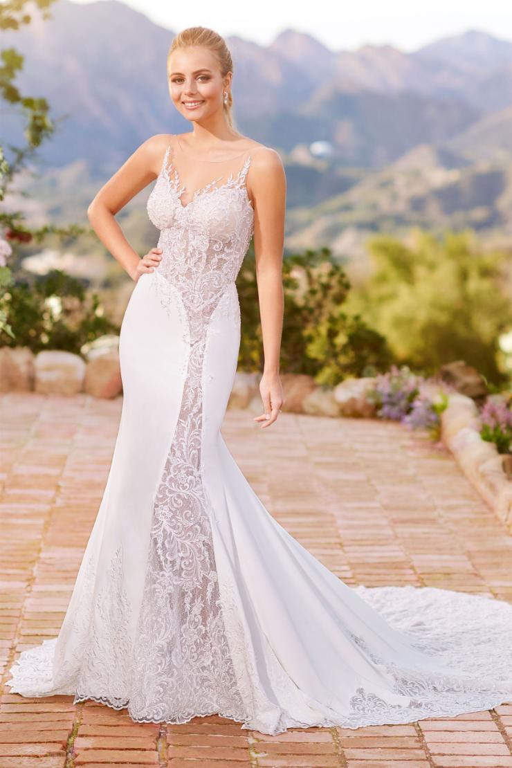 Camarosa Modern crepe fit and flare gown with illusion lace panel