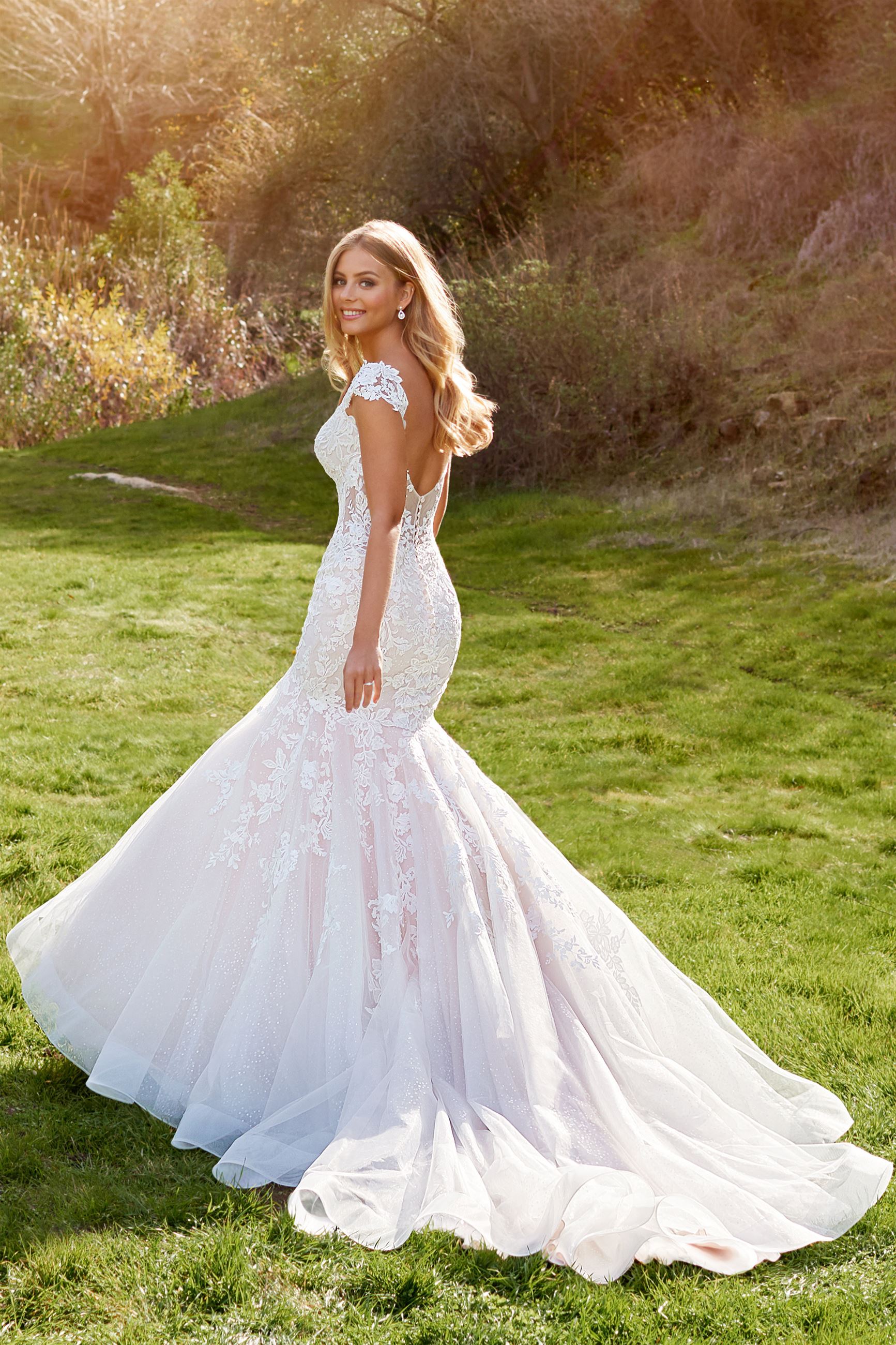 Belleau: Lace Cap Sleeve Mermaid Wedding Dress with Semi-Sheer Details |  Martin Thornburg