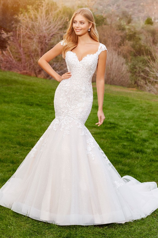 Belleau: Lace Cap Sleeve Mermaid Wedding Dress with Semi-Sheer Details |  Martin Thornburg