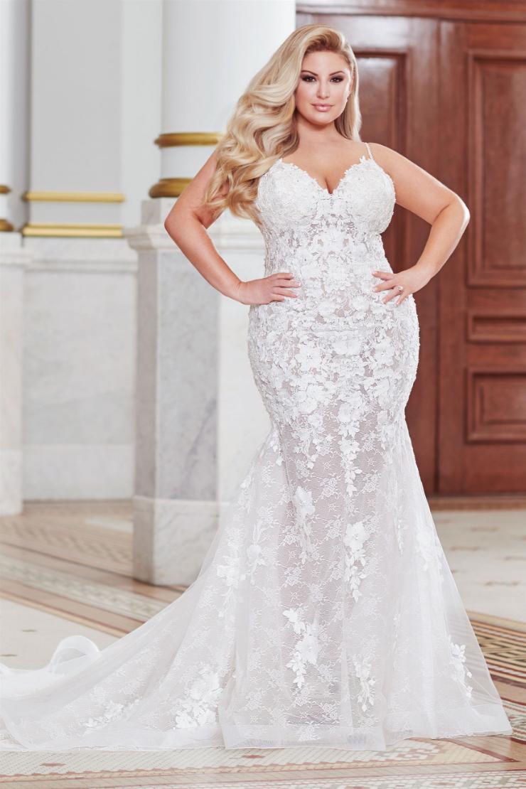 Daryn Flirty plus size mermaid gown with floral lace embroidery