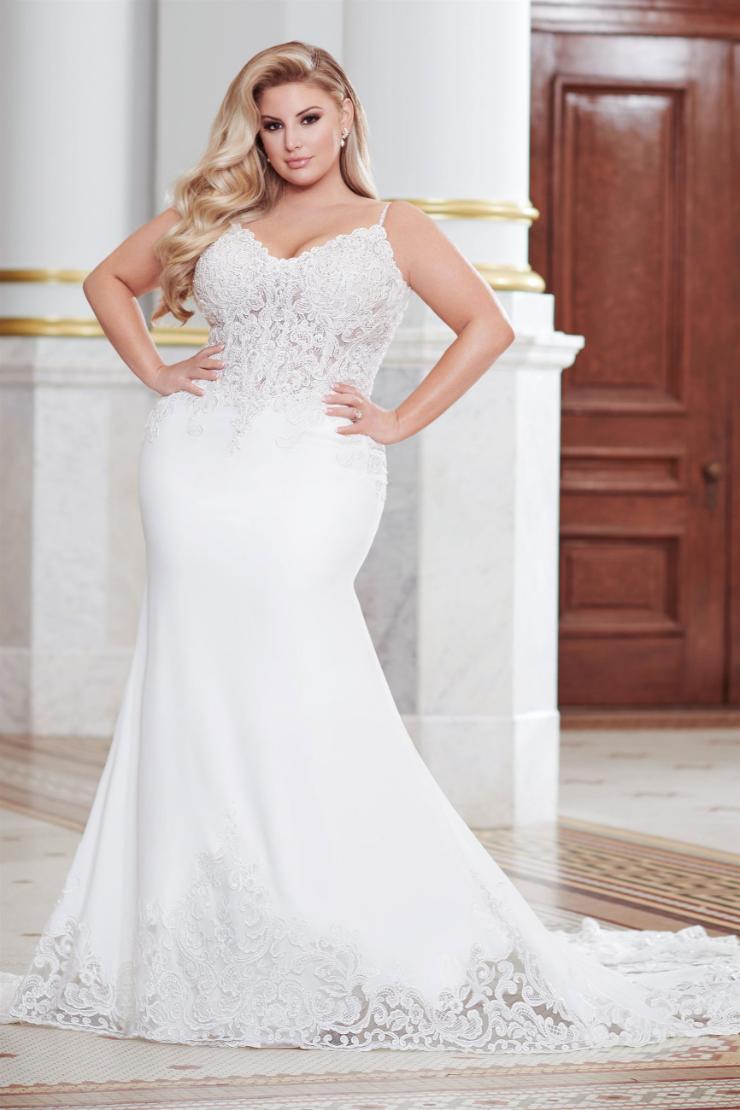 Linden Classy plus size fit and flare gown with semi-sheer corset bodice