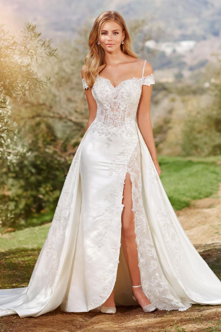 Bassett Charming A-line gown with sexy thigh high slit and cold shoulder