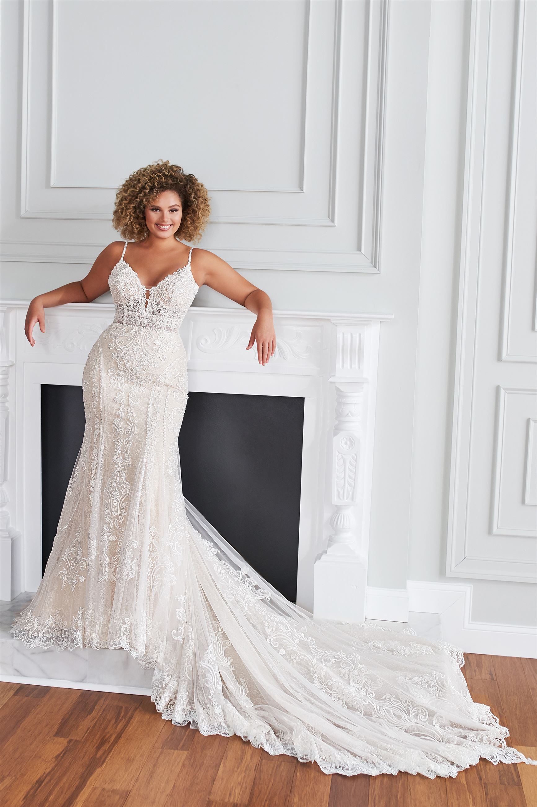 Lucerne: Spaghetti Strap V-Neck Beaded Lace Fit and Flare