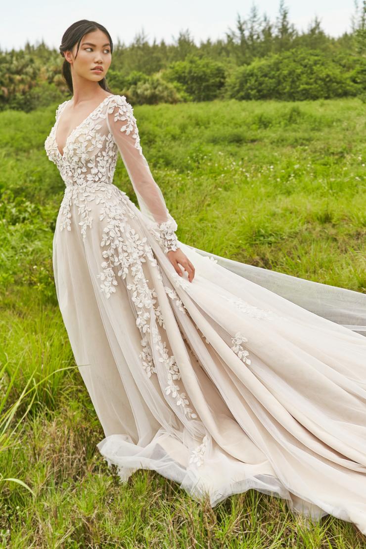 Blaye Ethereal A-line wedding dress with floral applique and illusion bishop sleeves
