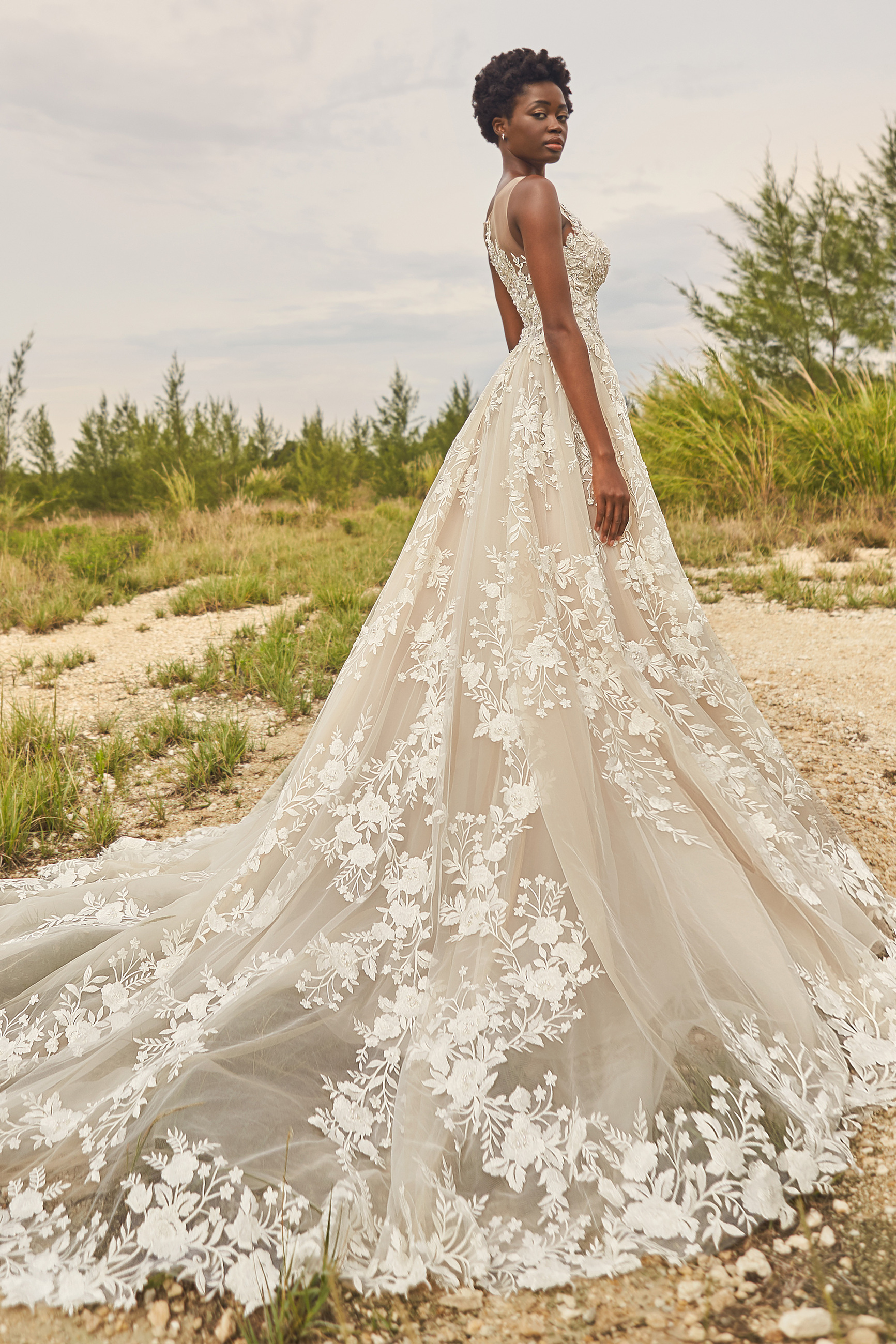 Abelle: Floral Lace A-Line Wedding Dress with Illusion Neckline