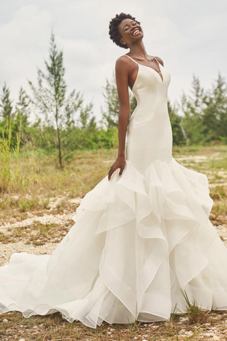Cassel Sophisticated mikado wedding dress with dramatic layered tulle fit and flare skirt