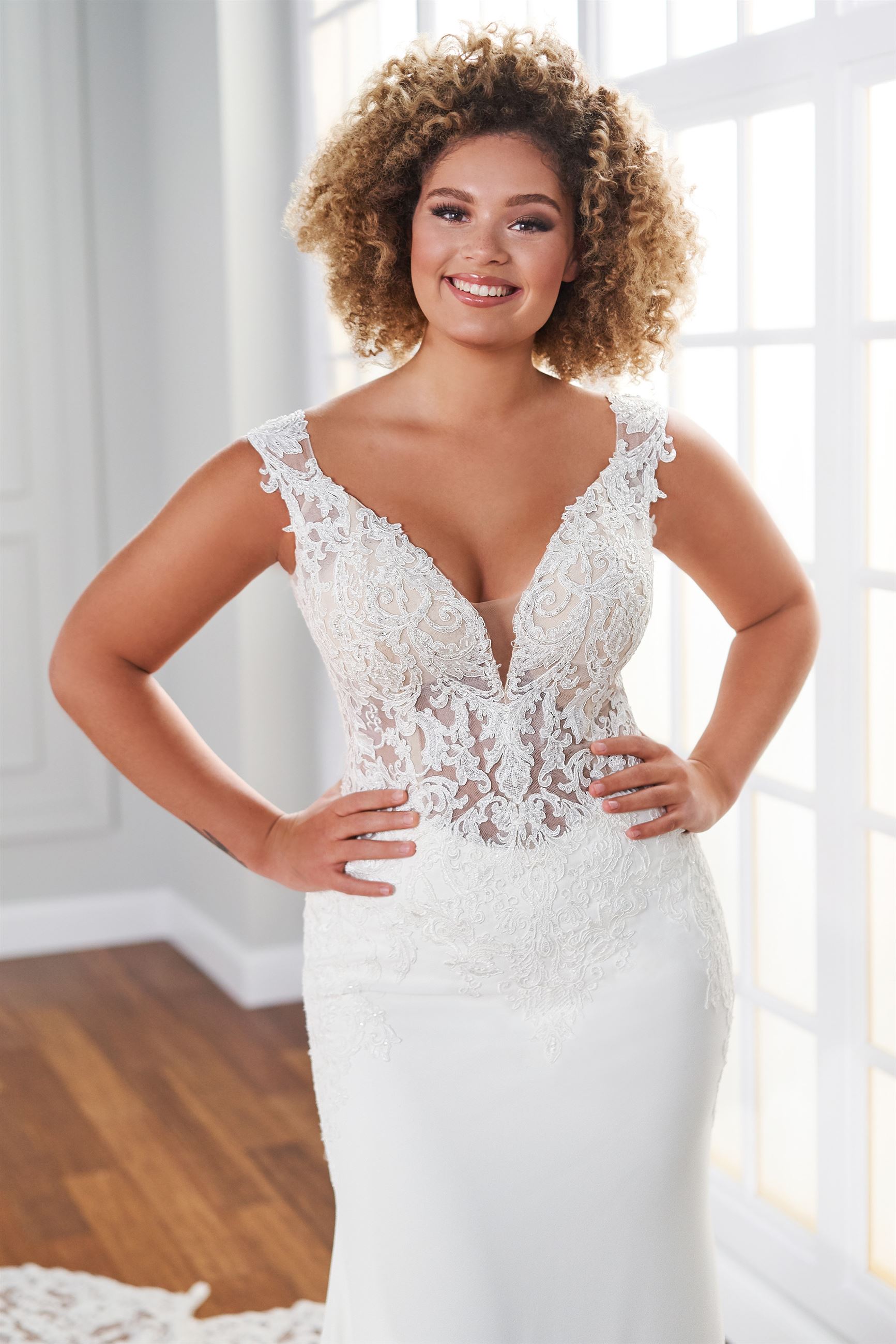 Alexandre: V-Neck Beaded Lace and Crepe Fit and Flare Wedding