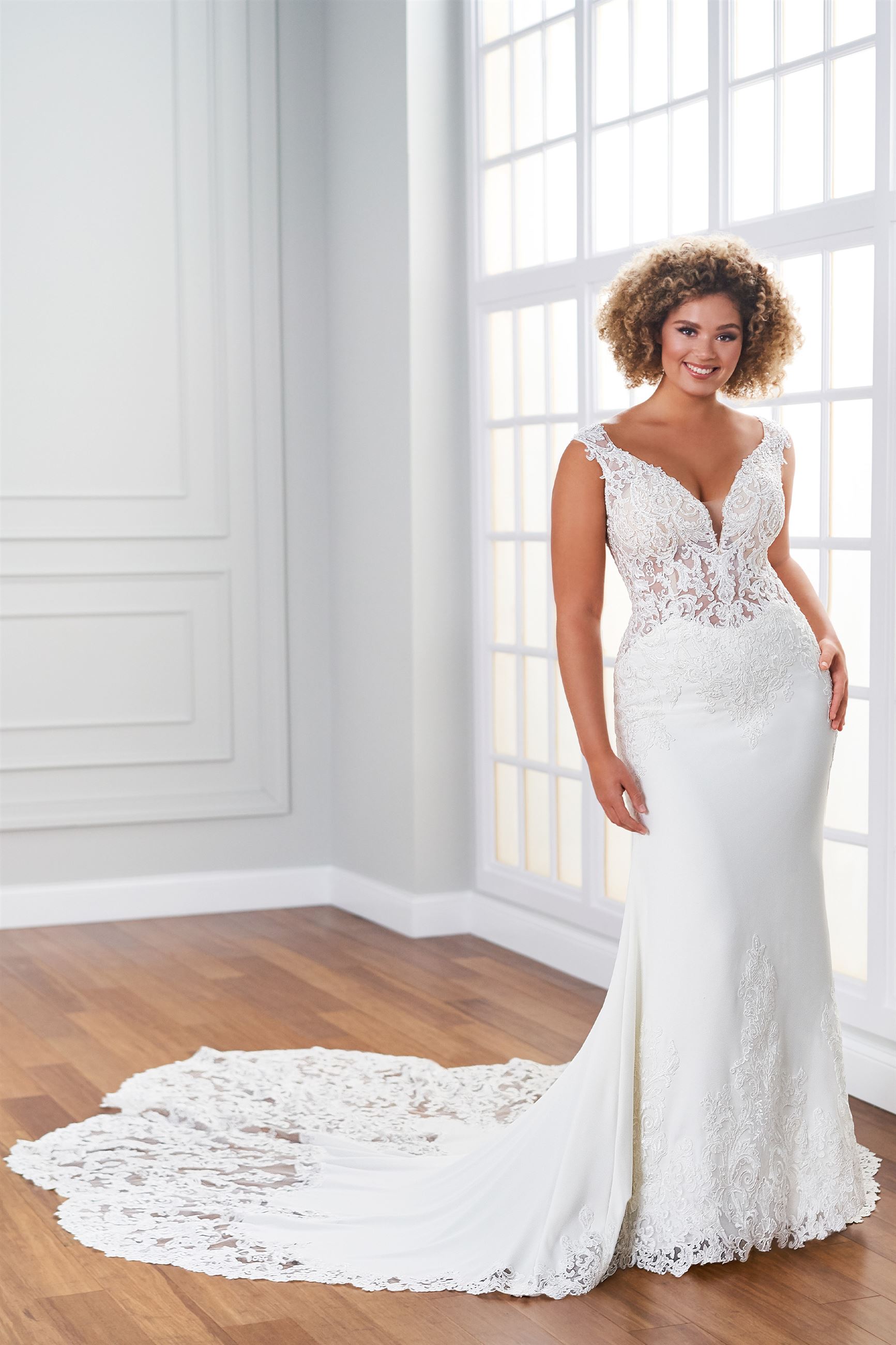 Alexandre: V-Neck Beaded Lace and Crepe Fit and Flare Wedding 