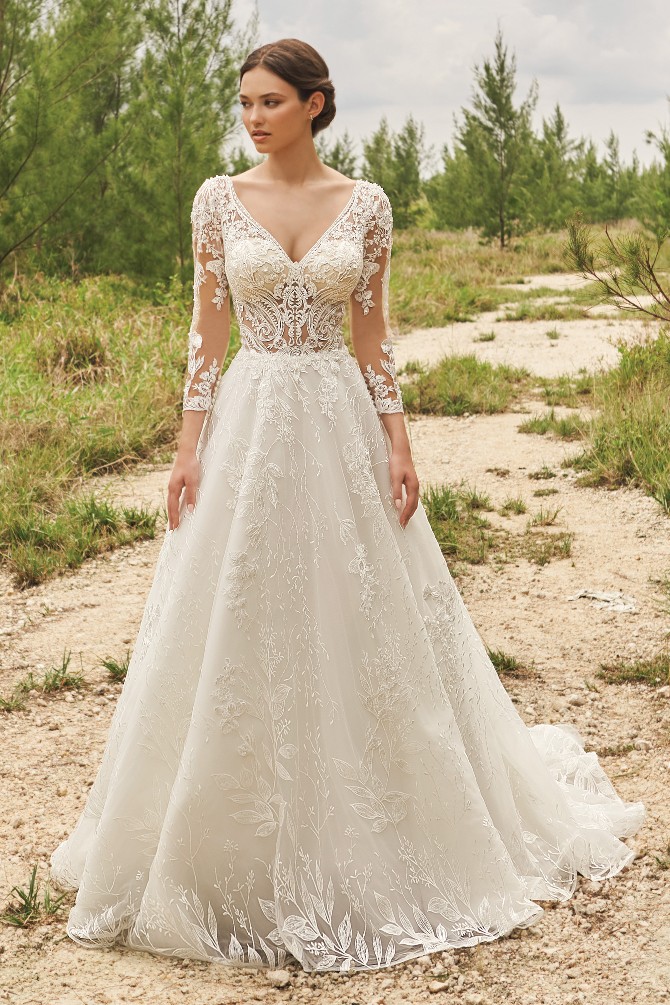 Palatine: Ivory V-Neck Beaded Lace A-Line Wedding Dress with Long Illusion  Sleeves | Martin Thornburg