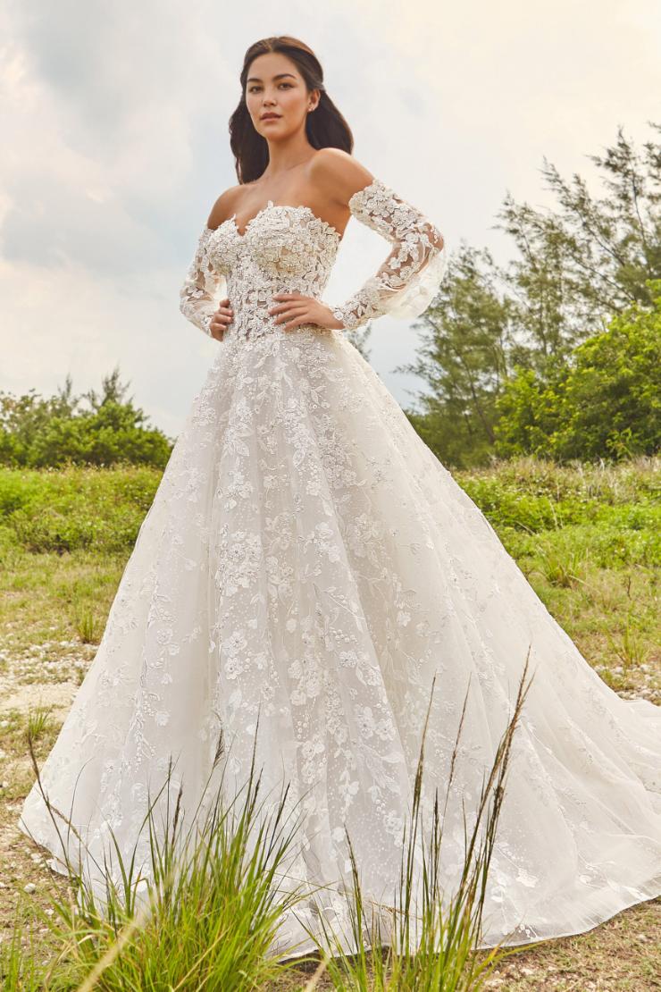 Beaded lace ball gown with off-the-shoulder illusion bishop sleeves