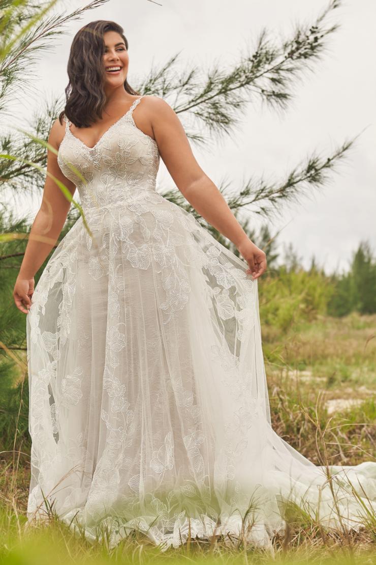 Amelie Unique fit and flare wedding dress with sheer A-line skirt and floral lace