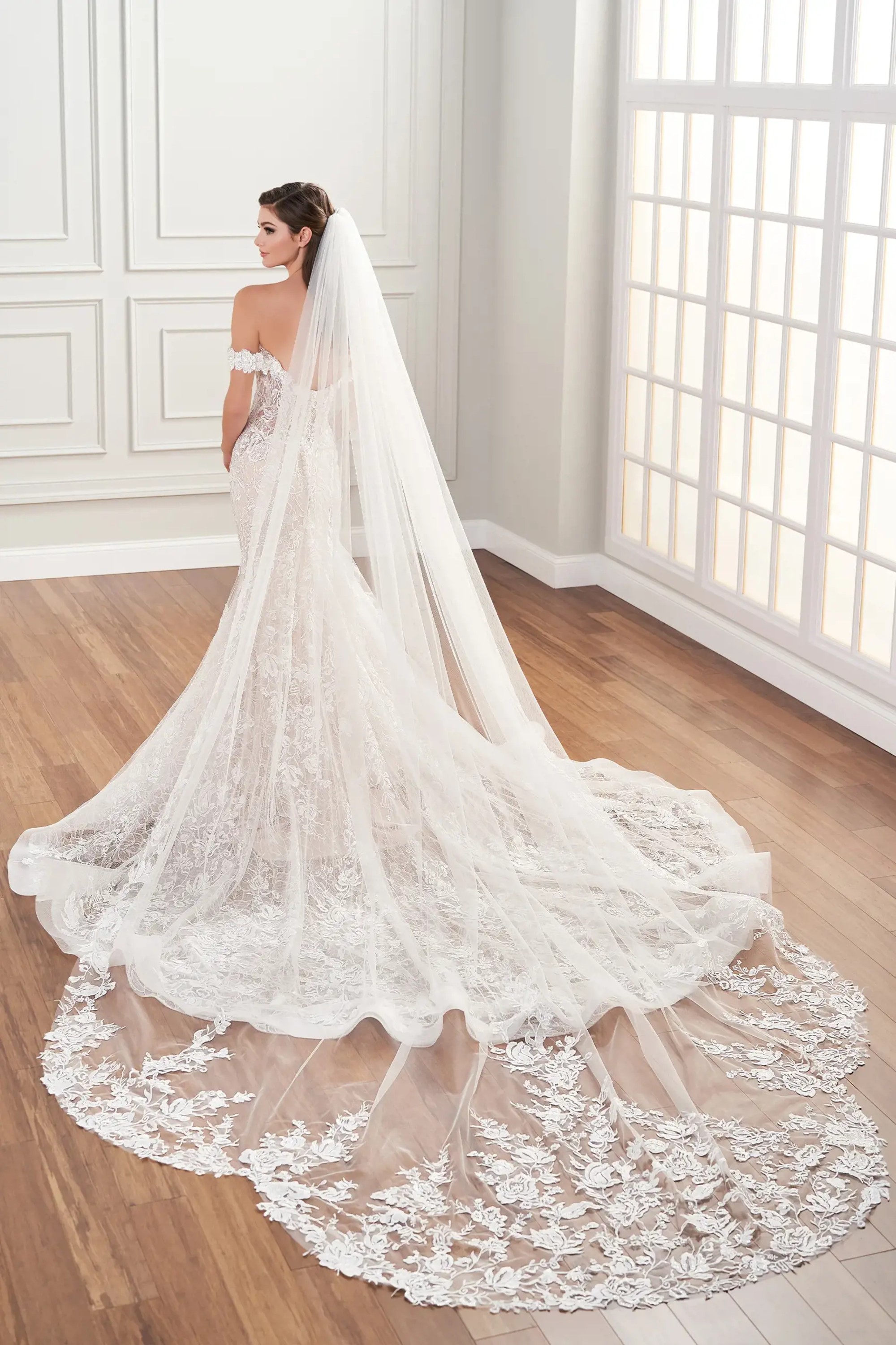 Gia: Off the Shoulder Lace Fit and Flare Wedding Dress with Gia: Off the Shoulder Lace Fit and Flare Wedding Dress with