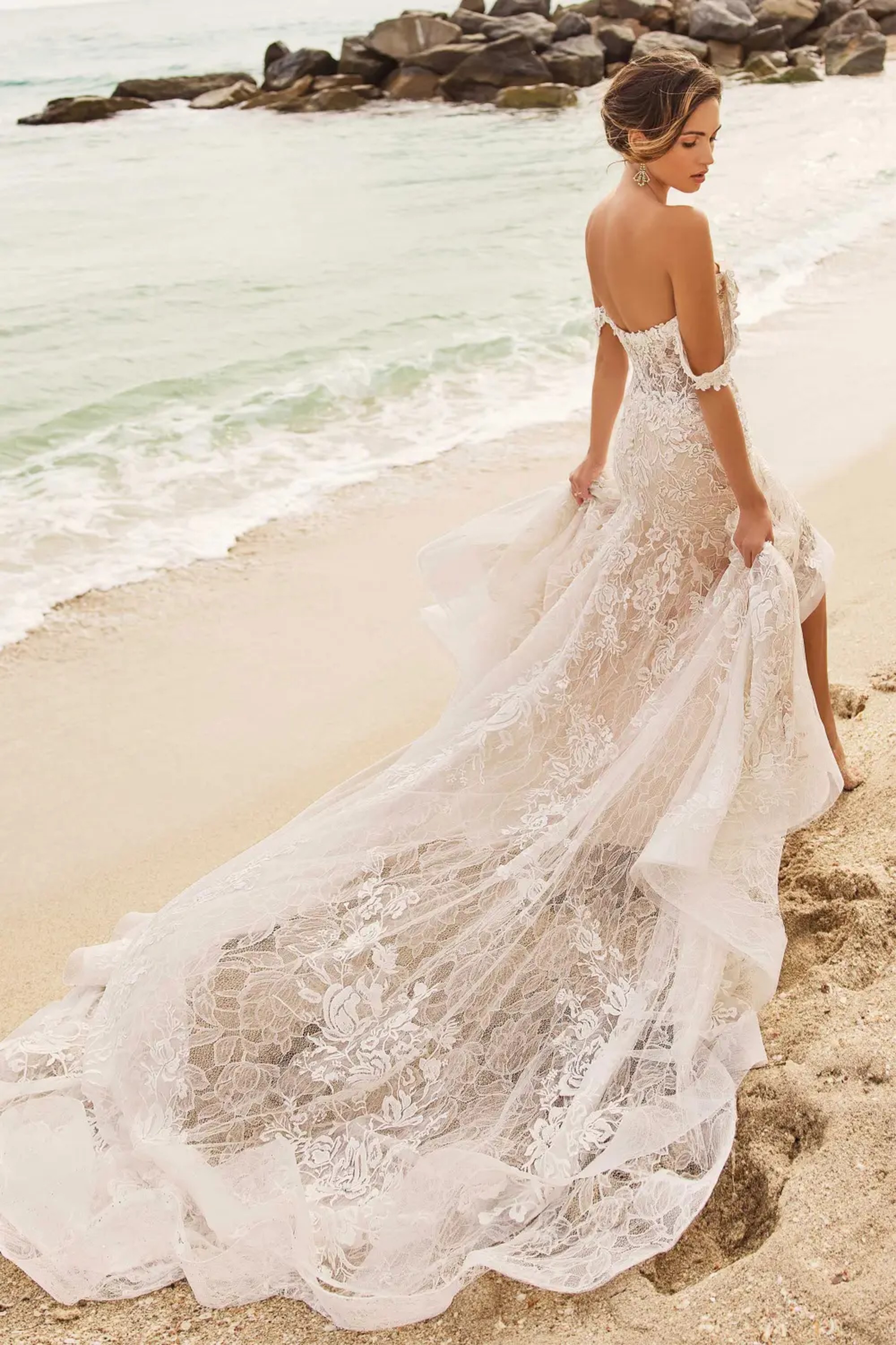 Gia: Off the Shoulder Lace Fit and Flare Wedding Dress with Gia: Off the Shoulder Lace Fit and Flare Wedding Dress with