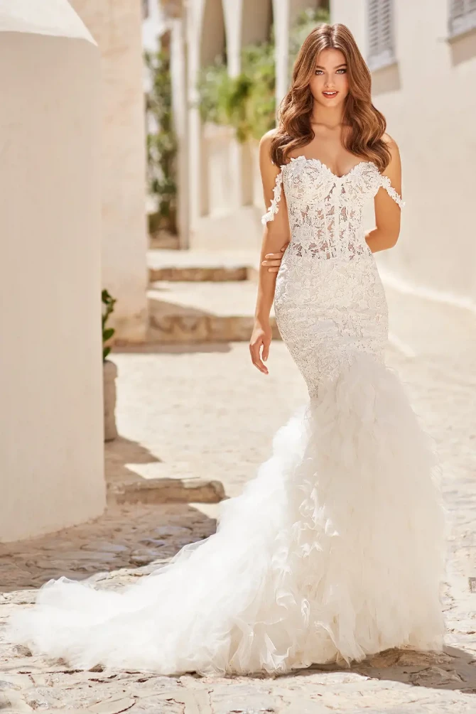 Cali: Off the Shoulder Lace Fit and Flare Wedding Dress with Flowy