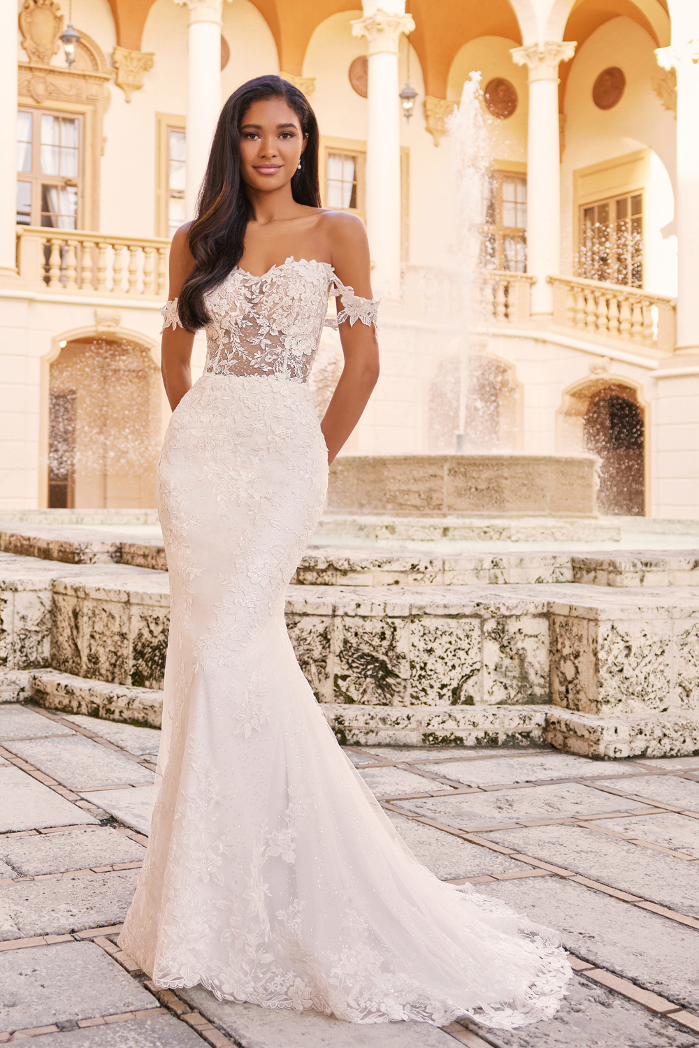 slim fit dress slacks Lace Mermaid Fit & Flare Wedding Dress with Draped Off-Shoulder Sleeves and Fishtail Train 10 main image 1